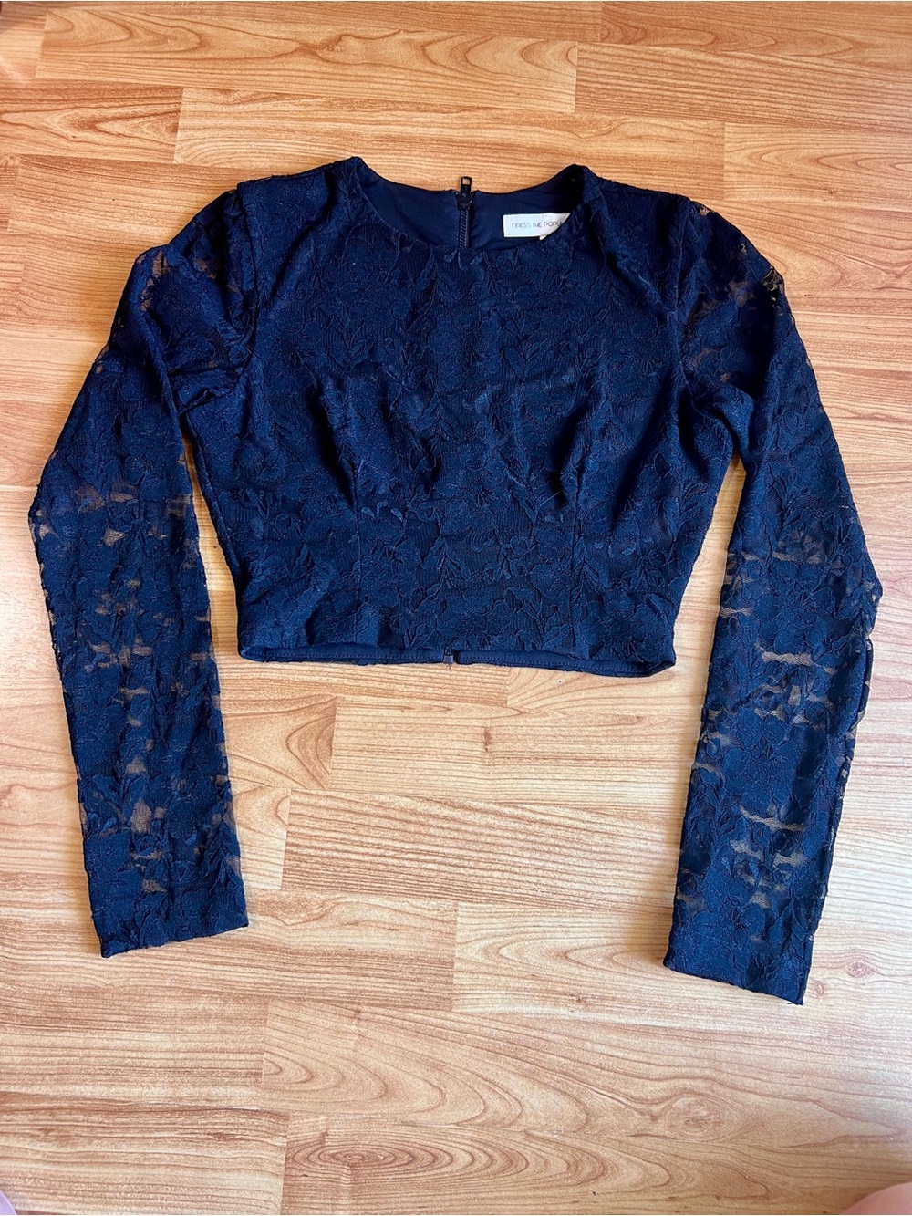Dress the Population Black Lace Long-Sleeve Crop Top - Sheer Sleeves